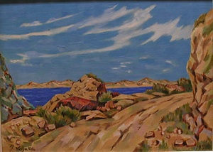 絵画　油彩　「海沿いの路」　野坂是勇