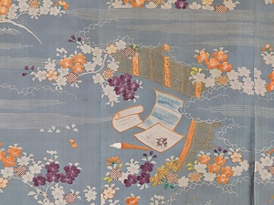 振袖 鼠縮緬地琴棋書画風景模様 ふりそで　 ねずみちりめんじきんきしょがふうけいもよう