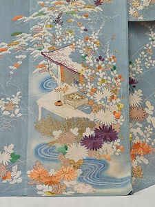 振袖 鼠縮緬地琴棋書画風景模様 ふりそで　 ねずみちりめんじきんきしょがふうけいもよう
