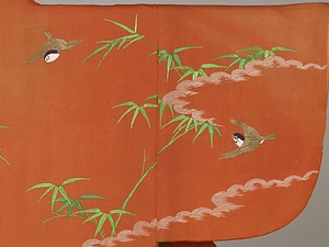 小袖 紅縮緬地竹雀菊模様 こそで べにちりめんじたけすずめきくもよう