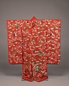 打掛 紅綸子地松竹梅鶴亀模様 うちかけ べにりんずじしょうちくばいつるかめもよう