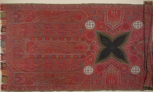 カシミヤ・ショール 赤地ペイズリー文様綴織刺繡縫い合わせ かしみやしょーる あかじぺいずりーもんようつづれおりししゅうぬいあわせ