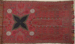 カシミヤ・ショール 赤地ペイズリー文様綴織刺繡縫い合わせ かしみやしょーる あかじぺいずりーもんようつづれおりししゅうぬいあわせ