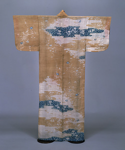 帷子 茶麻地波に千鳥草花模様