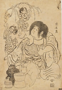 金太郎遊・鬼を腕に載せる金太郎