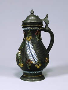 多彩人物図浮文錫蓋把手付杯