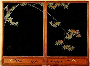 楓雁来紅彫漆屏風 