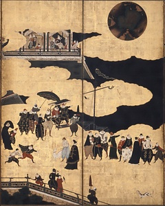 紙本金地著色南蛮人渡来図　狩野内膳筆　六曲屏風 しほんきんじちゃくしょくなんばんじんとらいず　かのうないぜんひつ　ろっきょくびょうぶ