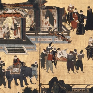 紙本金地著色南蛮人渡来図　狩野内膳筆　六曲屏風 しほんきんじちゃくしょくなんばんじんとらいず　かのうないぜんひつ　ろっきょくびょうぶ