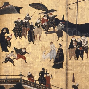 紙本金地著色南蛮人渡来図　狩野内膳筆　六曲屏風 しほんきんじちゃくしょくなんばんじんとらいず　かのうないぜんひつ　ろっきょくびょうぶ
