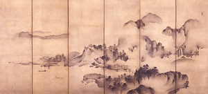 紙本墨画四季山水図　雪村筆　六曲屏風 しほんぼくがしきさんすいず　せっそんひつ　ろっきょくびょうぶ