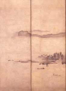紙本墨画四季山水図　雪村筆　六曲屏風 しほんぼくがしきさんすいず　せっそんひつ　ろっきょくびょうぶ