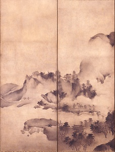 紙本墨画四季山水図　雪村筆　六曲屏風 しほんぼくがしきさんすいず　せっそんひつ　ろっきょくびょうぶ