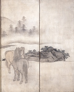 紙本墨画淡彩群馬図　雲谷等顔筆　六曲屏風 しほんぼくがたんさいぐんばず　うんこくとうがんひつ　ろっきょくびょうぶ