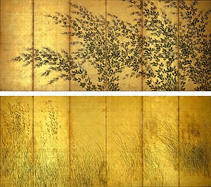 紙本金地著色萩芒図　長谷川等伯筆六曲屏風