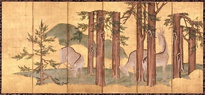 紙本金地著色群鹿図屏風　佐々木泉景筆 しほんきんじちゃくしょくぐんろくずびょうぶ　ささきせんけいひつ