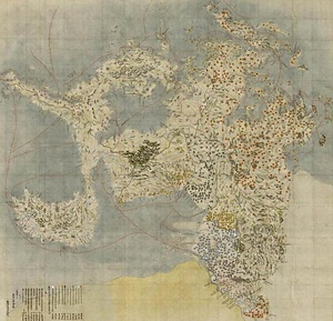 肥前一国絵図・五嶋図及び肥前一国道則帳<br />
附．絵図箱（肥前一国図在銘） ひぜんいっこくえず・ごとうずおよびひぜんいっこくみちのりちょう<br />
つけたり　えずばこ（ひぜんいっこくずざいめい）