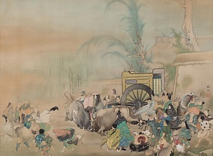 菱田春草筆「鎌倉時代闘牛の図」