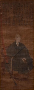 絹本著色一休宗純像（朱太刀像）　墨渓筆<br />
　　享徳元年厳寒日の自賛がある<br />
　附　一休宗純像版木　１枚 けんぽんちゃくしょくいっきゅうそうじゅんぞう（しゅだちぞう）　ぼっけいひつ