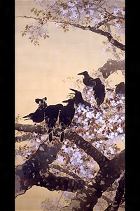 桜花群鴉図