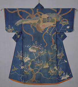 夜着 浅葱平絹地桐に鳳凰文様