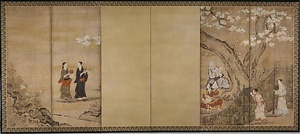 紙本著色花下遊楽図〈狩野長信筆／六曲屏風（右隻の二扇を欠く）〉 