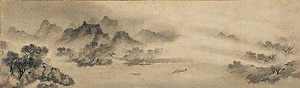 紙本墨画漁村夕照図〈伝牧谿筆／〉