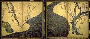 紙本金地著色紅白梅図〈尾形光琳筆／二曲屏風〉