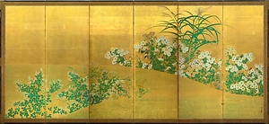 紙本金地著色秋草図〈俵屋宗達筆／六曲屏風〉 