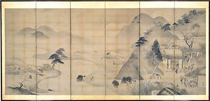 紙本淡彩耕作図〈久隅守景筆／六曲屏風〉 