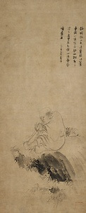 紙本墨画朝陽対月図無住子筆 