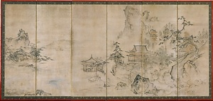 紙本墨画淡彩四季山水画〈伝周文筆／六曲屏風〉 