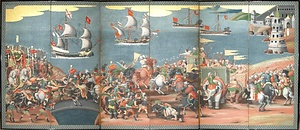 紙本著色レパント戦闘図・世界地図〈／六曲屏風〉 