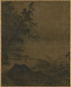 絹本墨画淡彩高士遠眺図