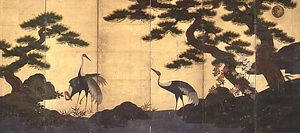 紙本金地著色日月松鶴図〈／六曲屏風〉 