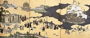 紙本金地著色南蛮人渡来図〈狩野内膳筆／六曲屏風〉 