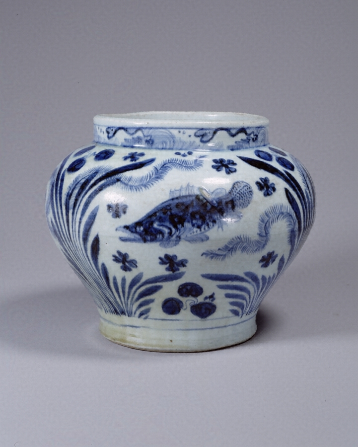 染付山水文壺　生姜壺　唐物　古美術　骨董 染付魚藻文壺 文化遺産オンライン
