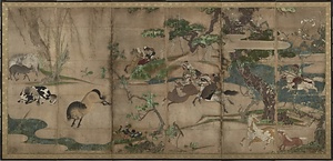 紙本著色牧馬図〈長谷川信春筆/六曲屏風〉 しほんちゃくしょくぼくばず〈はせがわしんしゅんひつ/ろっきょくびょうぶ〉