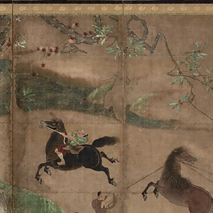 紙本著色牧馬図〈長谷川信春筆/六曲屏風〉 しほんちゃくしょくぼくばず〈はせがわしんしゅんひつ/ろっきょくびょうぶ〉