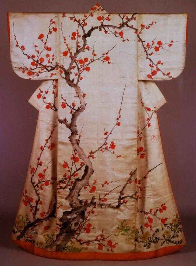 白繻子地紅梅文様描絵小袖 酒井抱一画 文化遺産オンライン