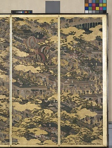 紙本金地著色洛中洛外図（岩佐勝以筆／六曲屏風） しほんきんじちゃくしょくらくちゅうらくがいず（いわさかつもちひつ／ろっきょくびょうぶ）