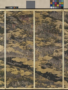 紙本金地著色洛中洛外図（岩佐勝以筆／六曲屏風） しほんきんじちゃくしょくらくちゅうらくがいず（いわさかつもちひつ／ろっきょくびょうぶ）