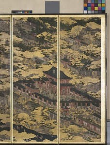 紙本金地著色洛中洛外図（岩佐勝以筆／六曲屏風） しほんきんじちゃくしょくらくちゅうらくがいず（いわさかつもちひつ／ろっきょくびょうぶ）
