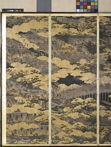 紙本金地著色洛中洛外図（岩佐勝以筆／六曲屏風） しほんきんじちゃくしょくらくちゅうらくがいず（いわさかつもちひつ／ろっきょくびょうぶ）