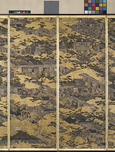 紙本金地著色洛中洛外図（岩佐勝以筆／六曲屏風） しほんきんじちゃくしょくらくちゅうらくがいず（いわさかつもちひつ／ろっきょくびょうぶ）