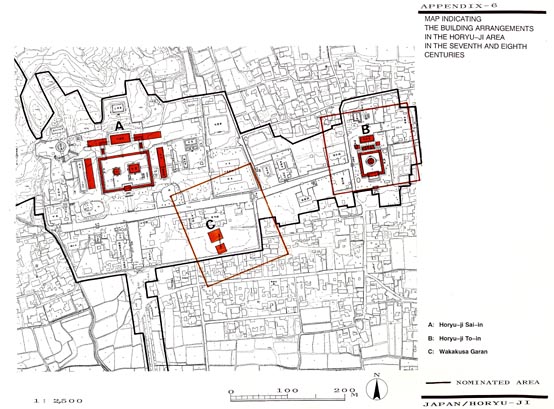 MAP INDICATING THE BUILDING ARRANGEMENTS IN THE HORYU-JI -AREA IN THE SEVENTH AND EIGHTH CENTURIES