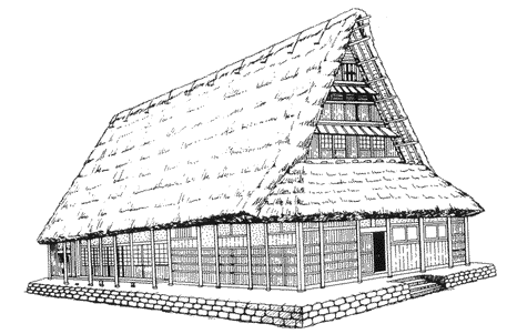 1-2. The Gassho-style House in Gokayama: A Tsuma-iri type house (entrance on gable side)